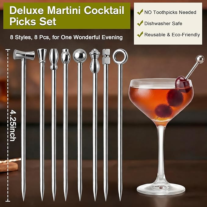 8 PCS Metal Martini Cocktail Picks for Drinks, Reusable Stainless Steel Martini Picks with Pickle Grabber, Dishwasher Safe for Dirty Martinis, Appetizers & Olives, Bloody Mary Bar Supplies
