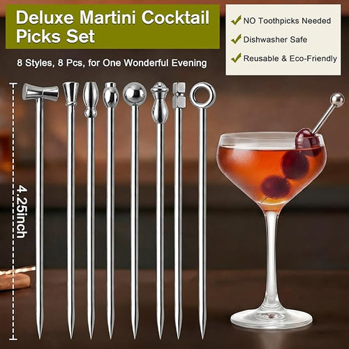 8 PCS Metal Martini Cocktail Picks for Drinks, Reusable Stainless Steel Martini Picks with Pickle Grabber, Dishwasher Safe for Dirty Martinis, Appetizers & Olives, Bloody Mary Bar Supplies