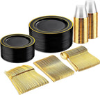 bUCLA 150 Pieces Black and Gold Disposable Dinnerware Set - 25 Guests Black Gold Plastic Plates Include 25 Dinner & 25 Dessert Plates, 25 Spoons, 25 Forks, 25 Knives, 25 Cups for Party & Graduation