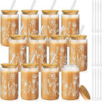 Mumufy 12 Pack Wedding Glass Tumblers Boho Floral 16oz Iced Coffee Cups with Bamboo Lids and Straws Elegant Bridal Shower and Bridesmaid Gifts