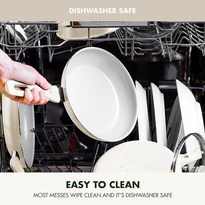 GreenPan Dover 10” Frying Pan Skillet, Non-Toxic PFAS-Free Ceramic Nonstick Coating, Sear Saute Fry Egg Omlete, Dishwasher & Oven Safe, Stay Cool Handle, Easy Pour Rims, Cream White