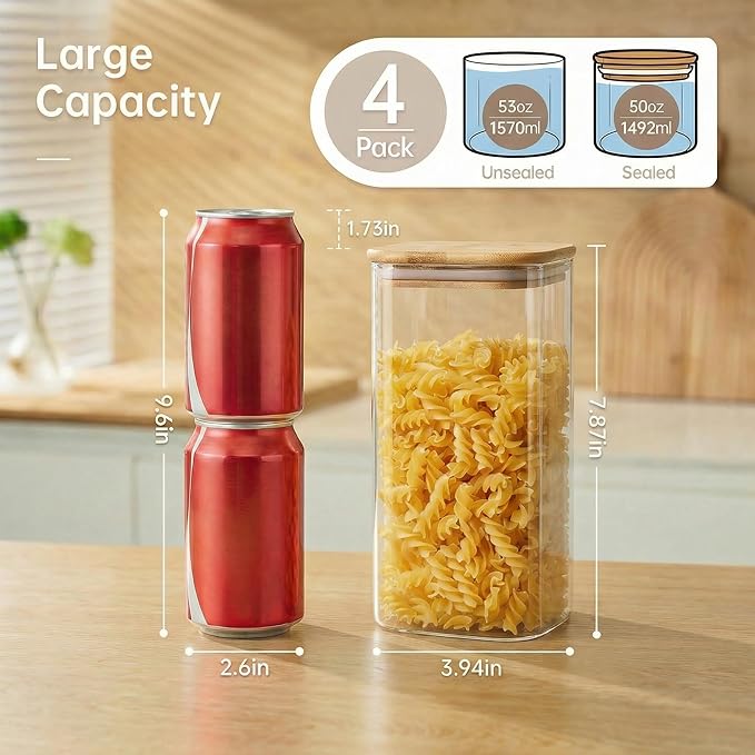 Square Glass Jars with Bamboo Lids 53 FL OZ [Set of 4], Glass Canisters with Airtight Lid, Glass Food Storage Containers for Pasta, Cereal, Coffee, Flour, Sugar, Best for Kitchen & Pantry