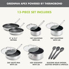 GreenPan Hybrid 13 Piece Nonstick Stainless Steel Cookware Set, APEX Tri-Ply Thermobond PFAS-Free Ceramic Pots & Pans, Induction & All Cooktop Compatible, Oven Temp to 850°F, Dishwasher Safe, Silver