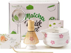5pcs Premium Matcha Set,Ceramic Bowl with Spout and Bamboo Whisk set, Cherry Blossom Matcha Kit for breakfast/latte,Tea Starter Making Kit,Cute Matcha Gift set (sakura)