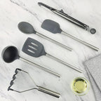 Tovolo Silicone Cooking Utensil Set of 6 Stainless Steel Handle Ladle Slotted Turner Tongs Flex Core Spatula Scraper Mixing Spoon & Potato Masher, Dishwasher Safe BPA Free Utensils, Charcoal Gray