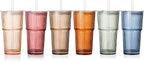 6PCS Ribbed Glass Cups with Lids and Straws, 20oz Vintage Drinking Glasses, Aesthetic Iced Coffee Cups, Glass Tumbler for Boba, Beer, Tea, Cocktails, Ribbed Glassware Set (Colored-6)