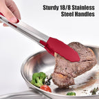 Doosu Kitchen Tongs for Cooking - 600°F Heat Resistant Food Tong with Non-Scratch Silicone Tips, Heavy Duty Stainless Steel Locking Tong for BBQ, Grilling Steak, Serving Salad, Pasta (12in, Red)