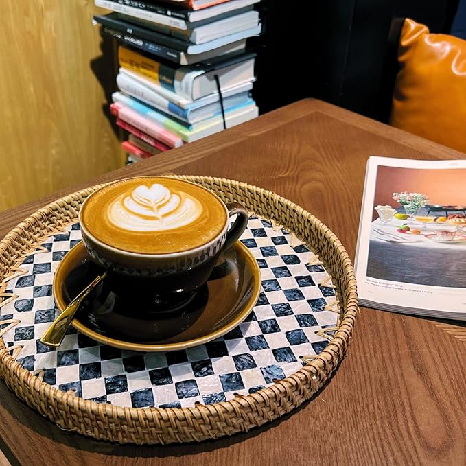 Rattan Checkered Tray with Mother of Pearl, Round Coffee Table Tray Décor 12 inch, Round Wicker Boho Decorative Woven Serving Tray (Checkerboard)