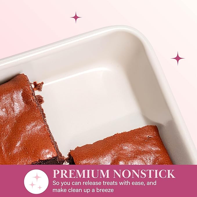 Paris Hilton Nonstick Carbon Steel Bakeware Collection, 9-Inch Square Cake Pan, Dishwasher Safe, Made without PFOA and PFAS, Pink Cream Two-Tone
