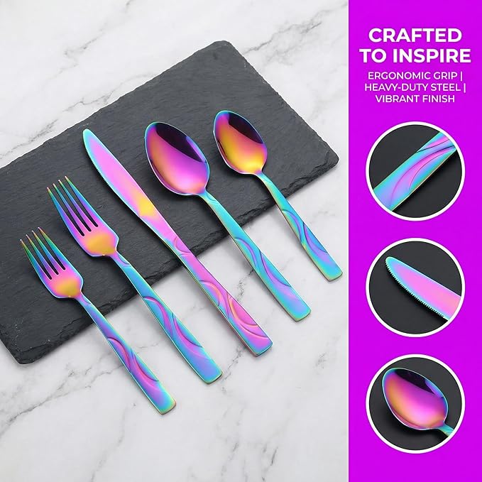 Rainbow Stainless Steel Flatware Set for 8, Ergonomic Silverware Set with Fork Spoon Knife, 40-Piece Colorful Cutlery Tableware Set - Dishwasher Safe