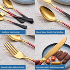 20-Piece Black Red Gold Silverware Set, 18/0 Stainless Steel Colorful Handle Flatware Set,Service for 4,Modern Cutlery Set Includes Dinner Knives Forks Spoons,Mirror Polished,Dishwasher Safe