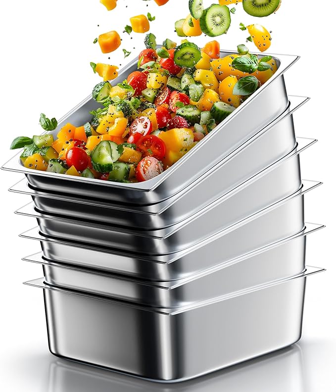 WantJoin Steam Table Hotel Pans 1/2 Half Size 4 Inch Deep 6 Pack, Stainless Steel Metal Tray Sets Food Storage Container for Restaurant Chafing Dishes Commercial Buffet Catering Supplies