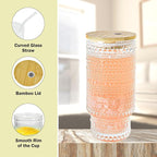 2 Pcs 16 oz Glass Cup with Lids and Straws Brush Hobnail Vintage Glasswar for Juice Iced Coffee Soda Cocktail Whiskey(Hobnail*2)