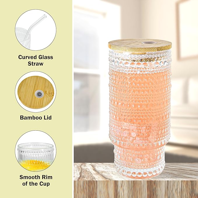 4 Pcs 16 oz Glasses Cups with Bamboo Lids Straws Brush Hobnail Glass Tumbler with Straw and Lid for Juice Iced Coffee Soda Cocktail Juice