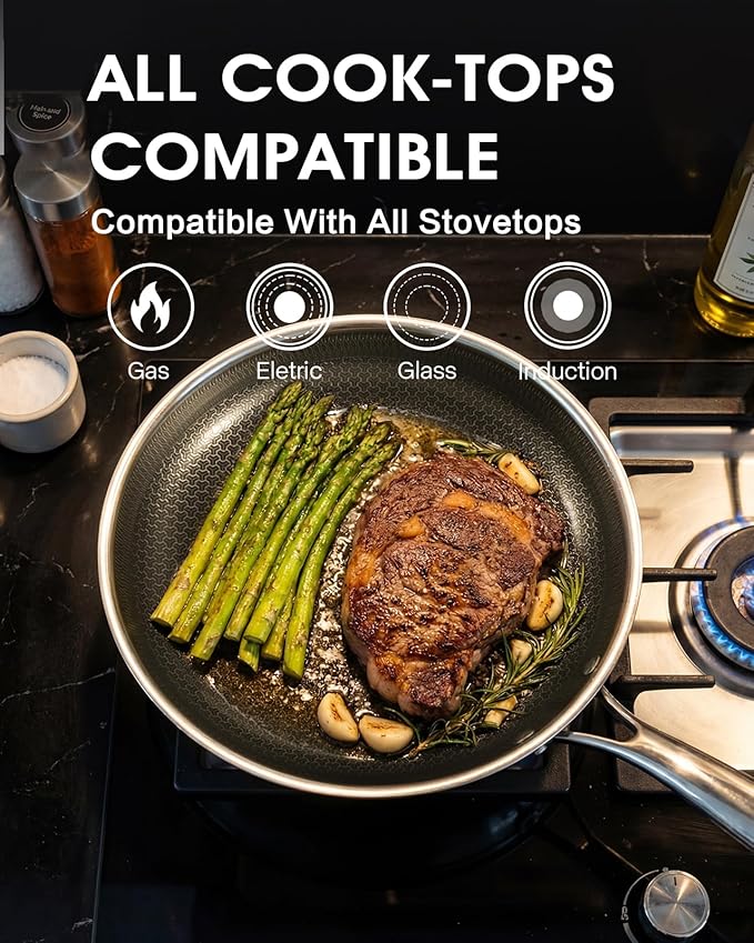 8 Inch Non Stick Frying Pan, Nonstick Hybrid Tri-ply Stainless Steel Chef's Fry Pan Ceramic Coating, PFOA-Free Non-Toxic Cookware, Dishwasher & Oven Safe, Induction Compatible All Cooktop