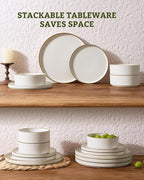 Famiware Nebula Plates and Bowls Sets, 12 Pieces Stoneware Dinnerware Sets, Reactive Glaze Dish Set, Dishes Set for 4, Matte Beige White with Brown Rim