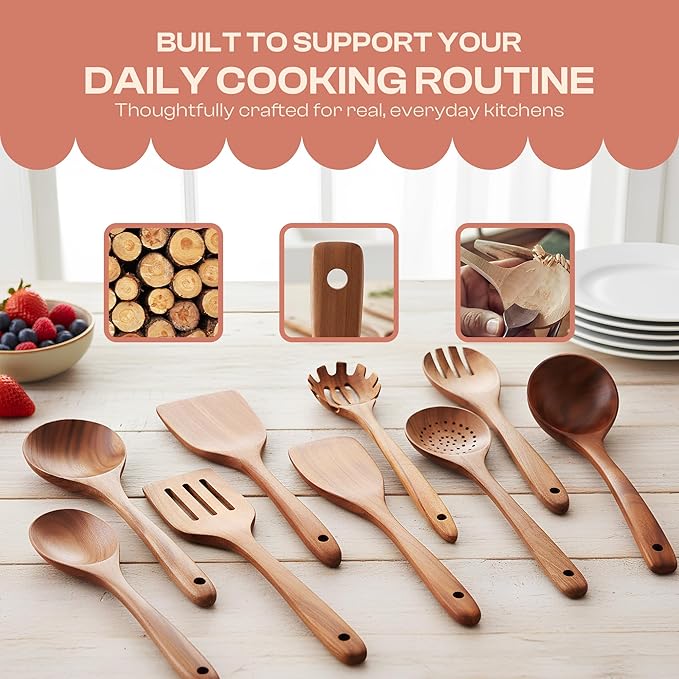 9-Piece Wooden Spoons for Cooking – Premium Teak Wood Utensil Set – Ergonomic Comfort-Grip Wood Tools Non-Stick Cookware Safe Easy to Clean Heat Resistant