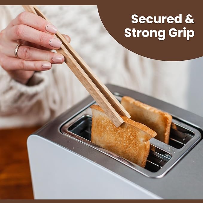 Wooden Toaster Tongs 2 PCs | Bamboo Kitchen Utensils For Cooking & Holding Toast Bacon Muffin Fruits, Pickles, Cheese Bagel Bread Ultra Grip | 9 Inch Long Natural Toxic Free