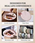Famiware Saturn Plates and Bowls Dish Sets for 6 (18 Pieces), Stoneware Dinnerware Set with Hand-Painted Trim - Chip & Scratch Resistant, Microwave & Dishwasher Safe Ceramic Dishes, Light Pink