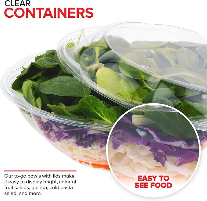 Stock Your Home 64oz Clear Plastic Salad Bowls with Lids Disposable (10 Pack) Extra Large Takeout Container with Snap on Lid for Fruit Salads, Lunch, Meal Prep, Acai Bowl, To-Go Party Containers