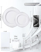 Nervure 175PCS Silver Plastic Plates - White and Silver Disposable Plates for 25 Guests Include 50Plates, 25Cups, 25Forks, 25Knives, 25Spoons, 25Napkins for Wedding & Party