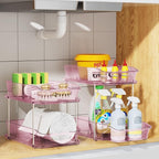 Delamu 2-Tier Under Sink Organizers and Storage, Multi-Purpose Stackable Bathroom Cabinet organizers, Pull Out Kitchen Pantry Organization and Storage with Dividers(2 Pack, Pink)