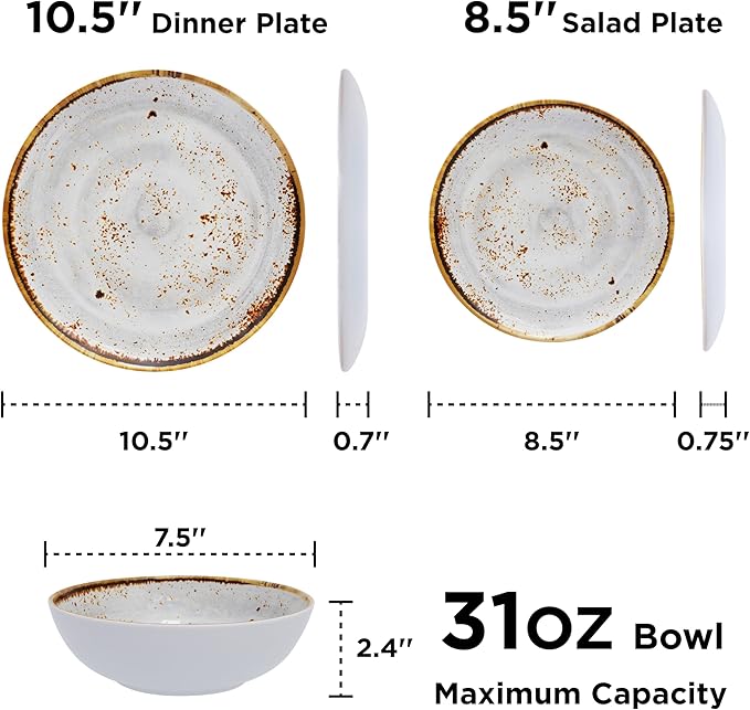 TP 12-Piece Melamine Dinnerware Sets, Plates and Bowls Dishes Set for 4, Break-Resistant & Non-Microwavable, Lightweight Dinner Plates, Grey Swirl