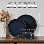E-far Stoneware Dinnerware Sets, 18-Pieces Plates and Bowls Sets, Chip & Scratch Resistant Ribbed Dishes Set for 6, Modern Kitchen Dinning Porcelain, Dishwasher & Microwave Safe, Midnight Blue