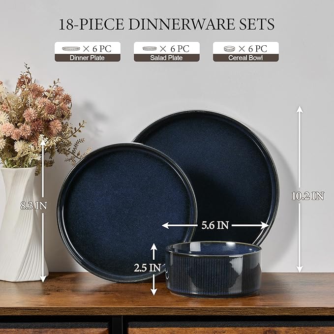 E-far Stoneware Dinnerware Sets, 18-Pieces Plates and Bowls Sets, Chip & Scratch Resistant Ribbed Dishes Set for 6, Modern Kitchen Dinning Porcelain, Dishwasher & Microwave Safe, Midnight Blue