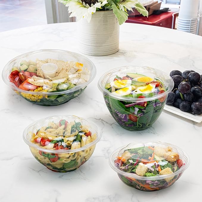 Fit Meal Prep 150 Pack 48 oz Disposable Plastic Clear Salad Bowls with Airtight Lids - To Go for Lunch, Takeout, Party, Catering, Picnic