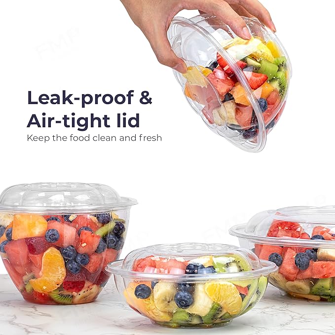 Fit Meal Prep 150 Pack 32 oz Disposable Plastic Clear Salad Bowls with Airtight Lids - To Go for Lunch, Takeout, Party, Catering, Picnic