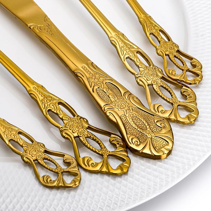 40 Pieces Gold Silverware Set for 8, Retro Royal Utensils Set Gold, Stainless Steel Flatware Dinnerware Set Including Forks Spoons and Knives Cutlery Set for Kitchen Wedding Party
