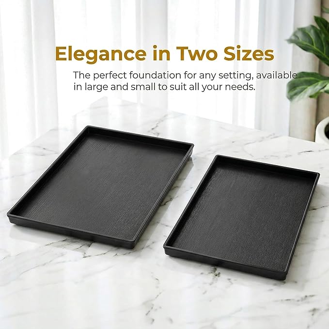 Cedilis 2 Pack Black Rectangular Serving Trays, Non-Slip Plastic Coffee Table Tray, Modern Ottoman Trays for Table Centerpiece, Home Decor, Bathroom, Kitchen Counter
