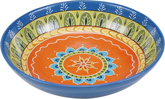 Valencia 13.25" x 3" Ceramic Serving/Pasta Bowl – Large Multicolor Boho Glazed Bowl, Microwave & Dishwasher Safe, Vibrant Tableware for Salads, Pasta, or Shared Dishes