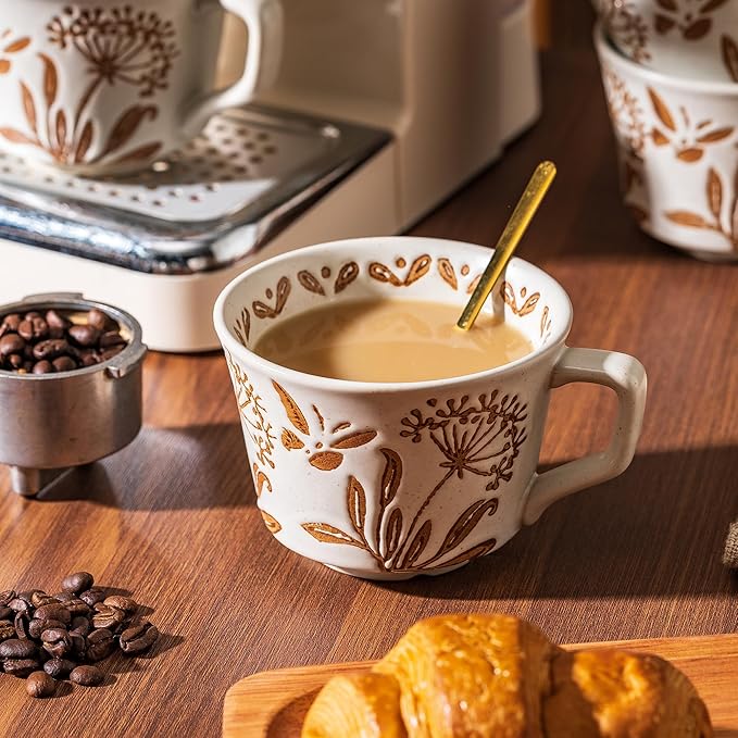Ceramic Mugs 11 oz Unique Luxurious Cups Set of 4 with Premium Spoon, Mug for Coffee Milk Latte Cappuccino Tea, for Office Home Dishwasher Microwave Freezer Safe, Birthday Gift, Stoneware