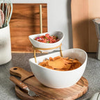 YHOSSEUN Chip and Dip Serving Set 2 Tiered Chip Dip Bowls with Metal Rack for Appetizer, Snacks - Large Chip Bowl 45 oz Small Dip Bowl 7 oz-Serving Bowls for Party, Food Dispaly - Gold Stand