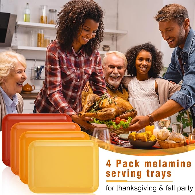 4 Pieces Fall Serving Trays Melamine Autumn Platters Reusable Rectangle Thanksgiving Party Trays for Fall Theme Party Food Dessert Serving Supplies, 13 x 9.7 inch