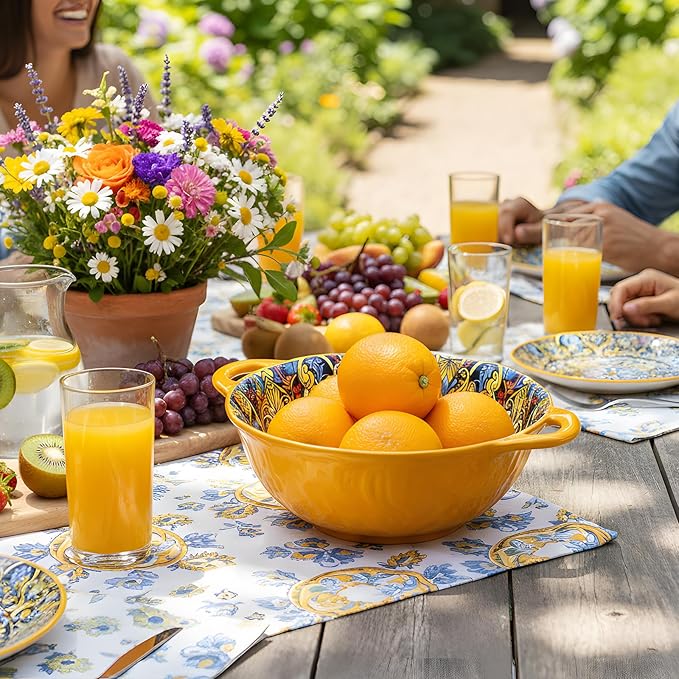Boho Ceramic Serving Bowls with Handles Set of 2, Ceramic Large Serving Bowls, 40 Oz Porcelain Salad Bowls, Large Serving Dishes for Entertaining, Nesting Mixing Bowls for Soup,Stew,Fruits,Dinner