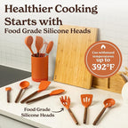 Silicone Kitchen Utensils Set & Holder: Cooking Utensils Set - Kitchen Essentials for New Home & 1st Apartment- Silicone Spatula Set, Cooking Spoons for Nonstick Cookware (Acacia Wood, Oange)