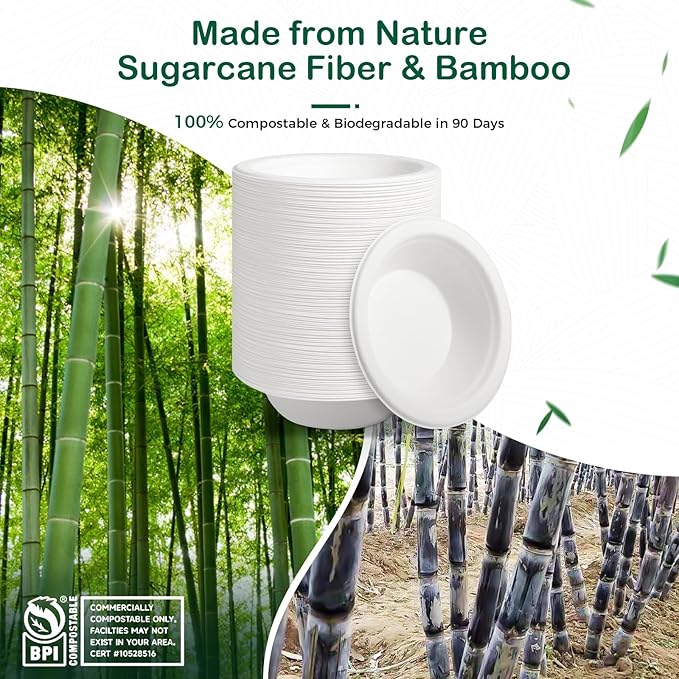 8 oz 128-Pack Compostable Paper Bowls, Small Disposable Dessert & Snack Bowls, Heavy-Duty Bagasse Bowls for Ice Cream, Sauce & Kids Meals, Microwave & Freezer Safe, Eco-Friendly (White)