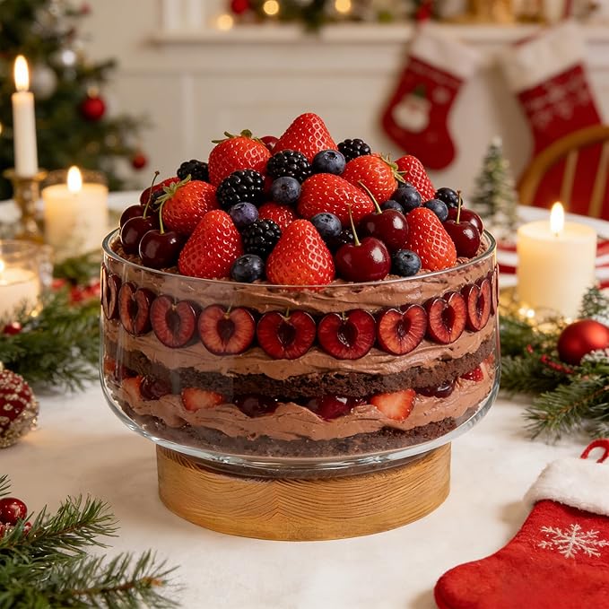Prikoi 155oz Large Trifle Bowl with Wood Stand, Clear Glass for Displaying Layered Dessert, Salads, Fruit, Modern Design Food Storage Container, Elegant for Party, Holiday, Housewarming Gift