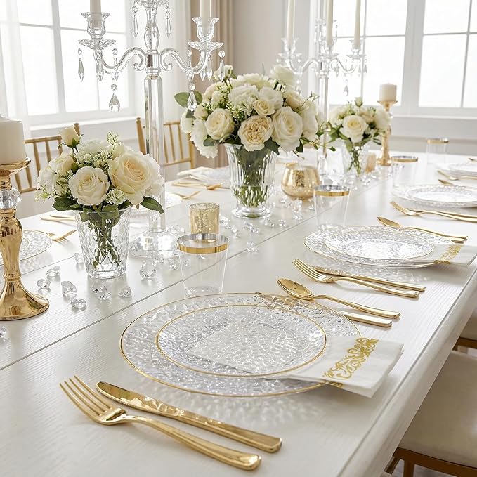 Rubtlamp 350 Pcs Clear Gold Plastic Plates, Hammered Disposable Dinnerware, Clear-Gold Plates Set Include 100 Plastic Platos, 150 Gold Disposable Silverware, 50 Cups And 50 Napkins for Party