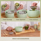Traditional Matcha Set, Line Blue Ceramic Matcha Bowl, Bamboo Whisk (Chasen), Sifter, Scoop & Spoon - 6 Pcs Matcha Kit
