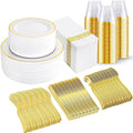I00000 350Pcs Gold Dinnerware Set for 50 Guests, Gold Plastic Plates for Party, Include: 100 Disposable Plastic Plates, 50 Paper Napkins, 50 Cups, 50 Silverware Set Perfect for Party & Wedding