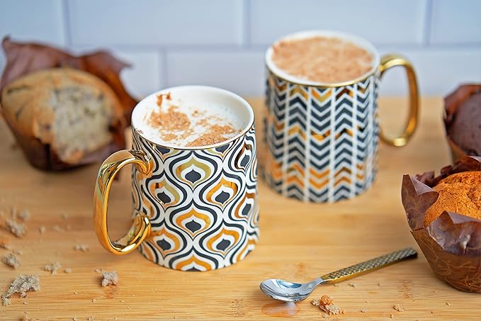 KooK Gold Coffee Mugs, Coffee Mug Set, Tea Cups with Handles, Porcelain, Geometric Design, 14.8 oz, Black and Gold, Set of 2