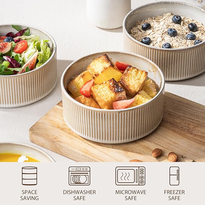 Ceramic Bowl Set of 4-22oz Cereal and Soup Bowls, Microwave and Dishwasher Safe, For Oatmeal, Salad, Pasta, Dessert and Fruit, Beige