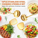 304 Gold Cooking Utensils Set, 11PCS Stainless Steel Kitchen Utensils Set, Metal Kitchen Utensils Set Include Meat Fork, Tongs, Turner, Soup Ladle, Dishwasher Safe