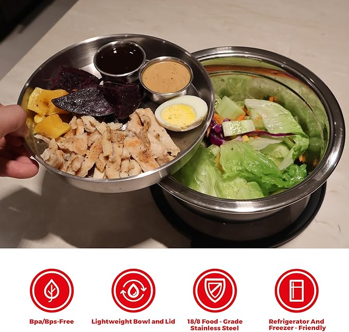 Salad Bowl Kit 74oz,Salad Container For Lunch,18/8 Stainless Steel,Salad Bowl With Lid, Includes 1.7oz Condiment Container and Removable Tray,Leak-Proof, Easy to Clean (Wood)
