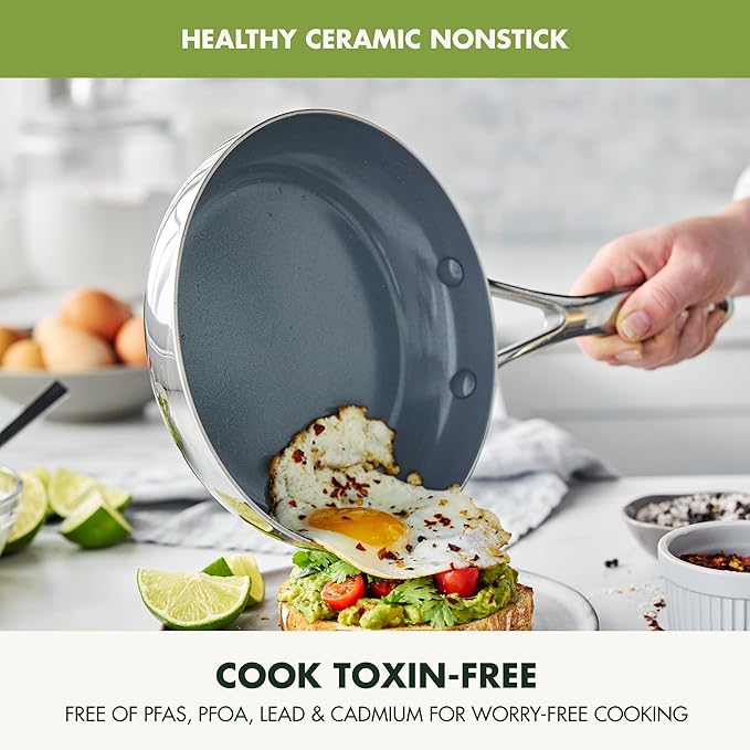 GreenPan Valencia Pro Tri-Ply Stainless Steel 8” Frying Pan Skillet, PFAS-Free Ceramic Nonstick Coating, Induction Ready Cookware, All Cooktops, Eggs & Omelets, Dishwasher & Oven Safe 600F