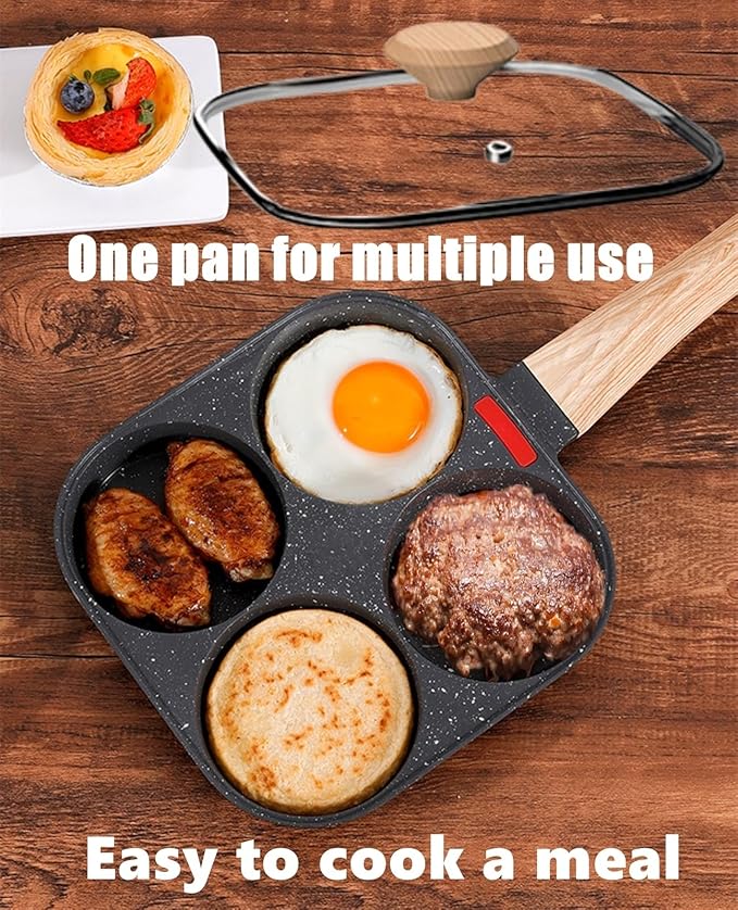 Egg Pan With Lid 4-Cup Nonstick, and Healthy Granite Egg Frying Pan, Versatile Breakfast Skillet for Eggs, Pancakes, Plett, Crepes, Compatible with Gas Stove and Induction Cooktop